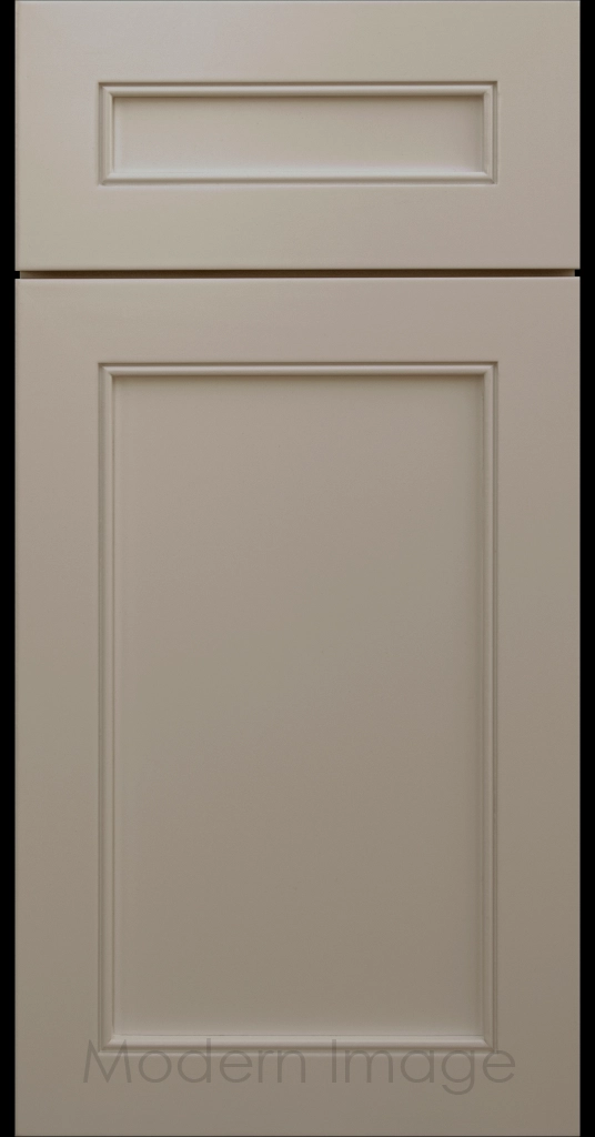 Highland French Gray painted Shaker kitchen cabinet door with wide rails and a flat center panel.